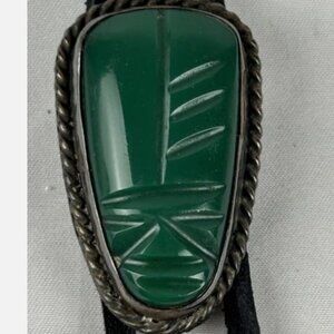 Vintage Sterling Silver Carved Face Bolo Tie Necktie Mexico Green Navajo Aztec